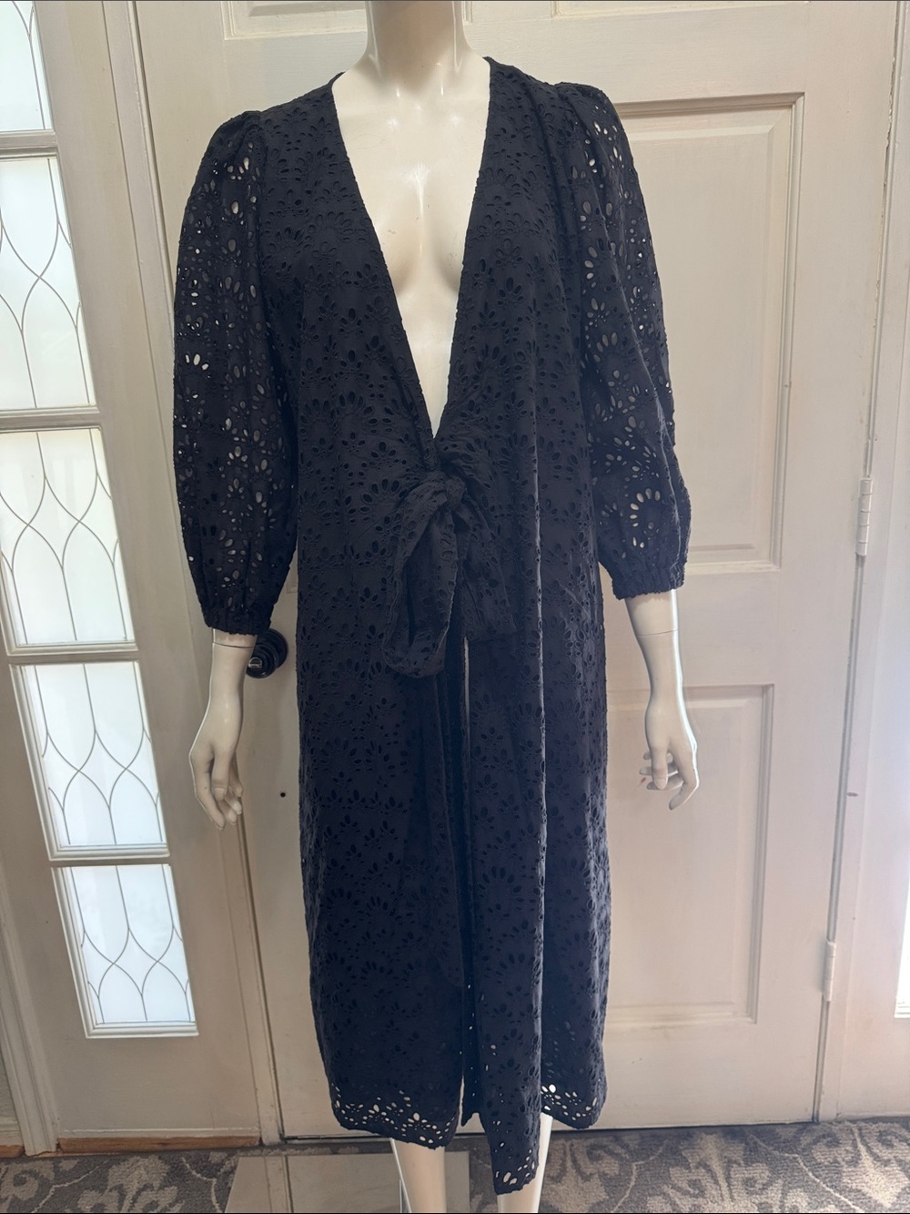 Ann Mashburn 100% Cotton Black Eyelet Tie-Front Long Cover-Up Size XS